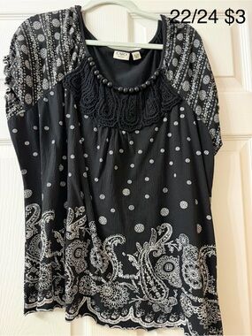 Cato Black and White Paisley Crochet Scoop Neck Tunic